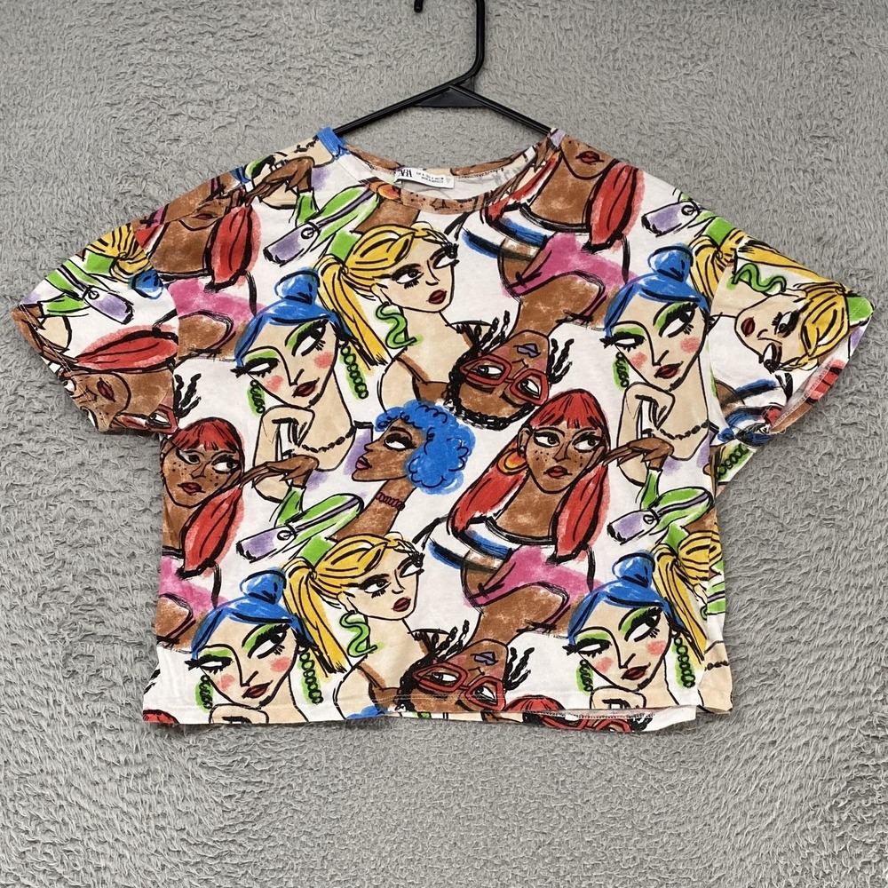 Zara Graphic Crop T-Shirt Womens Small Faces Pop Art Print Boxy Top Indie Y2K
